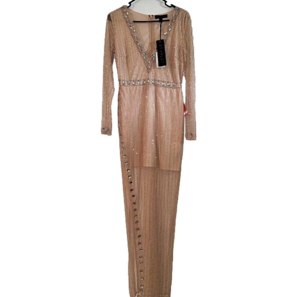 Women’s Starlet Embellished Semi Sheer Side Split V Neck Formal Dress Size 6
